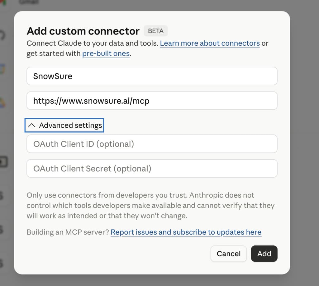 Claude.ai's Add custom connector dialog with SnowSure name and https://www.snowsure.ai/mcp filled in